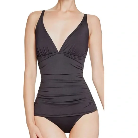 Women’s Tommy Bahama Black Pearl Ruched V-neck One Piece Swimsuit - Picture 1 of 10